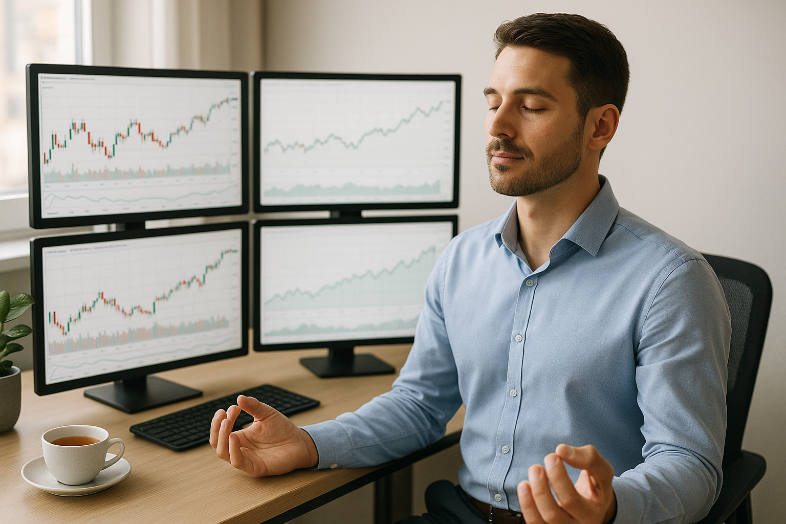 Homme en chemise bleue méditant devant quatre écrans affichant des graphiques boursiers, illustrant la gestion du stress et la concentration en trading.