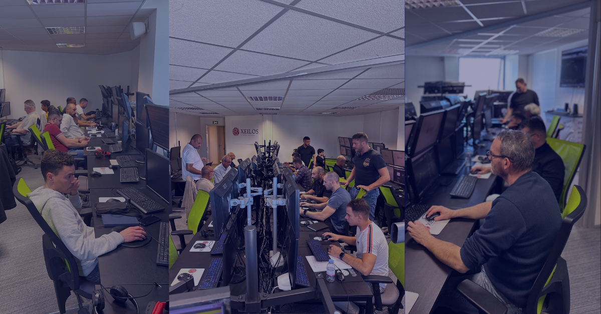 Montage photo de trois vues d’une salle de formation Xeilos, avec plusieurs rangées d’écrans et d’ordinateurs, où des élèves travaillent sur le trading accompagnés de formateurs.