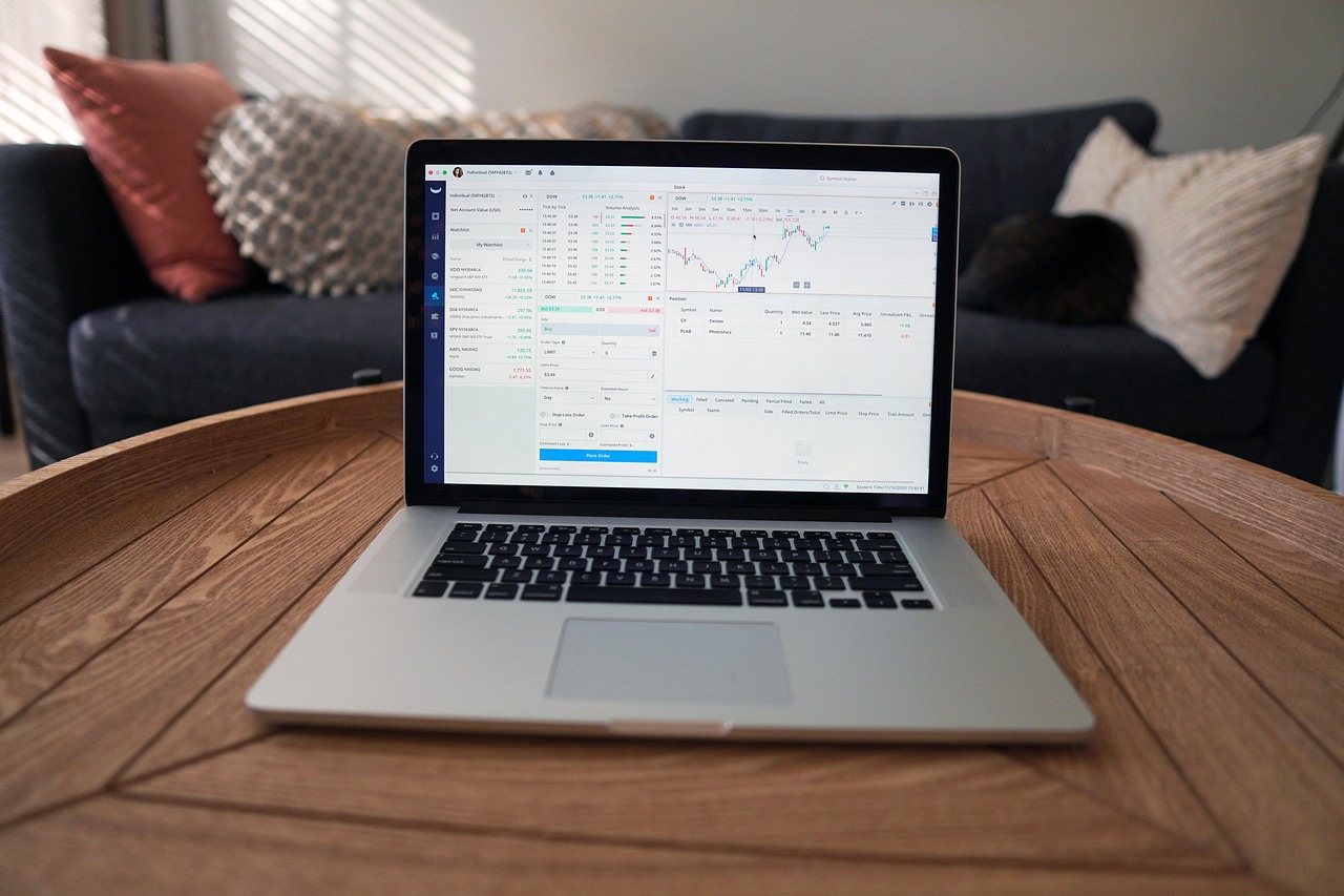 Ordinateur portable affichant une plateforme de trading avec graphiques boursiers et outils d’analyse financière.